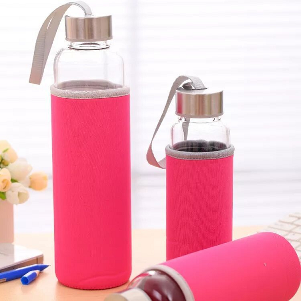 Branded glass bottle with neoprene sleeve